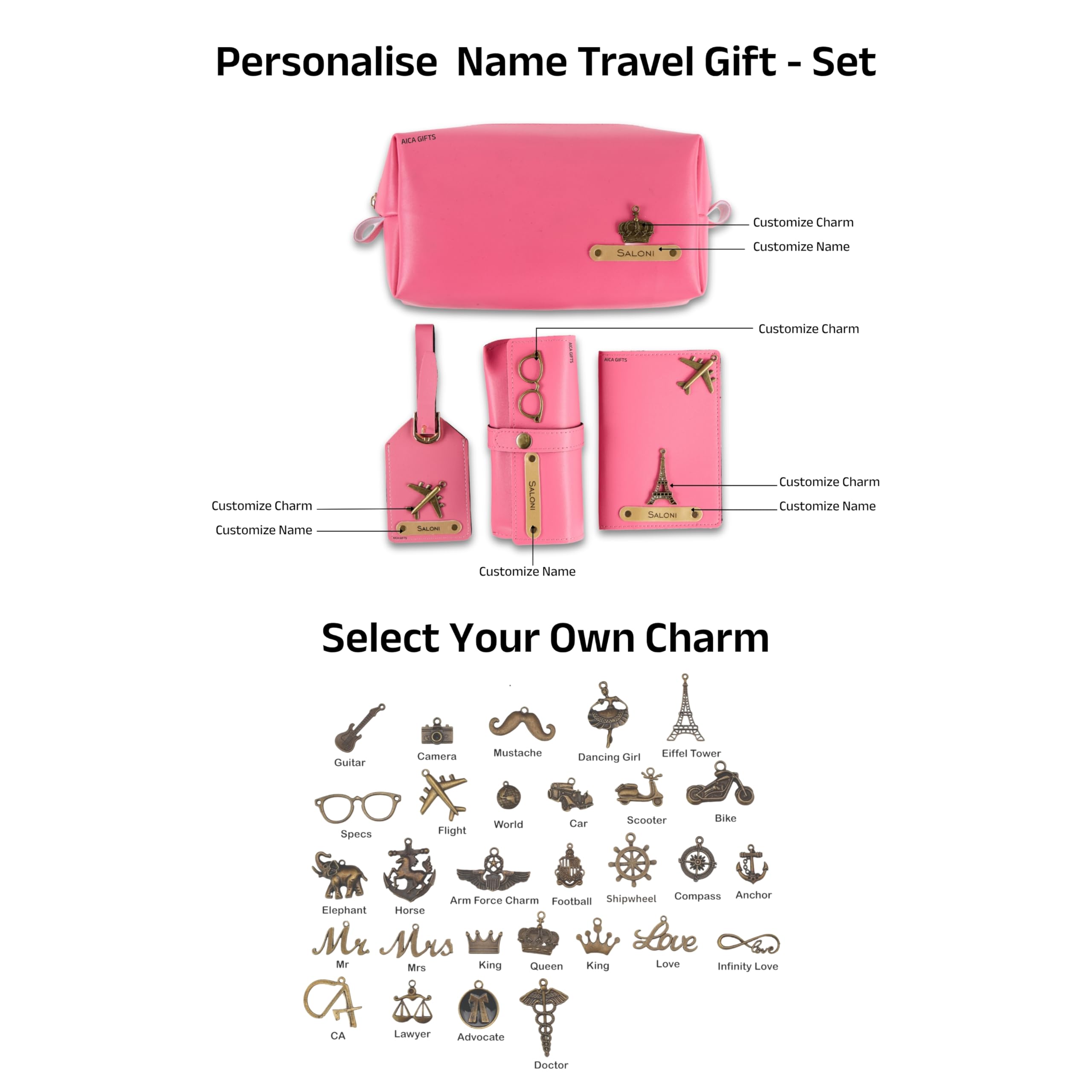AICA Personalized Name & Charm Leather Travel 4pcs Gift Set Combo for Men & Women | Customized Travel Accessories Hamper | Gifts for Family and Friends | Gift for Girls & Boys (Darkpink)