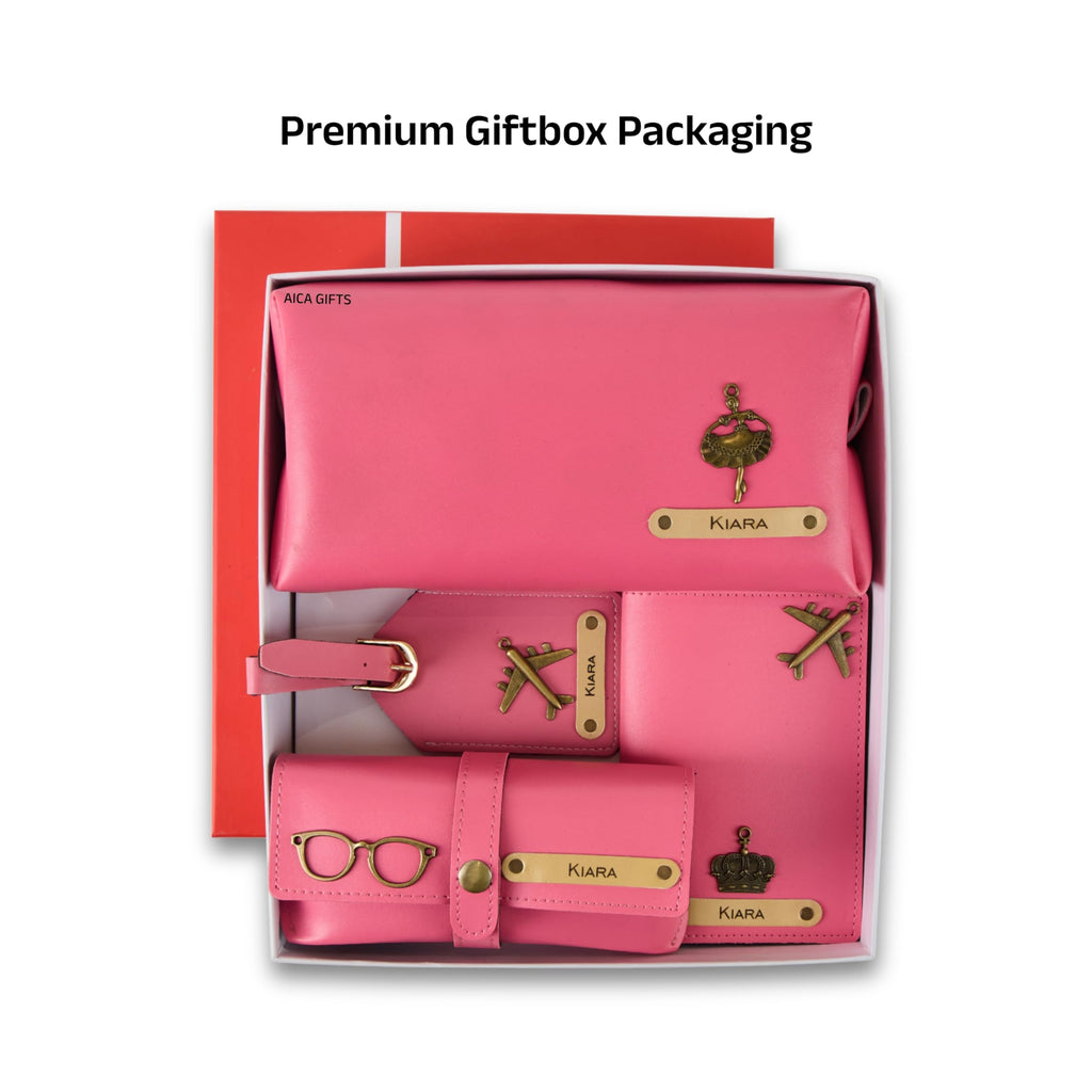 AICA Personalized Name & Charm Leather Travel 4pcs Gift Set Combo for Men & Women | Customized Travel Accessories Hamper | Gifts for Family and Friends | Gift for Girls & Boys (Darkpink)