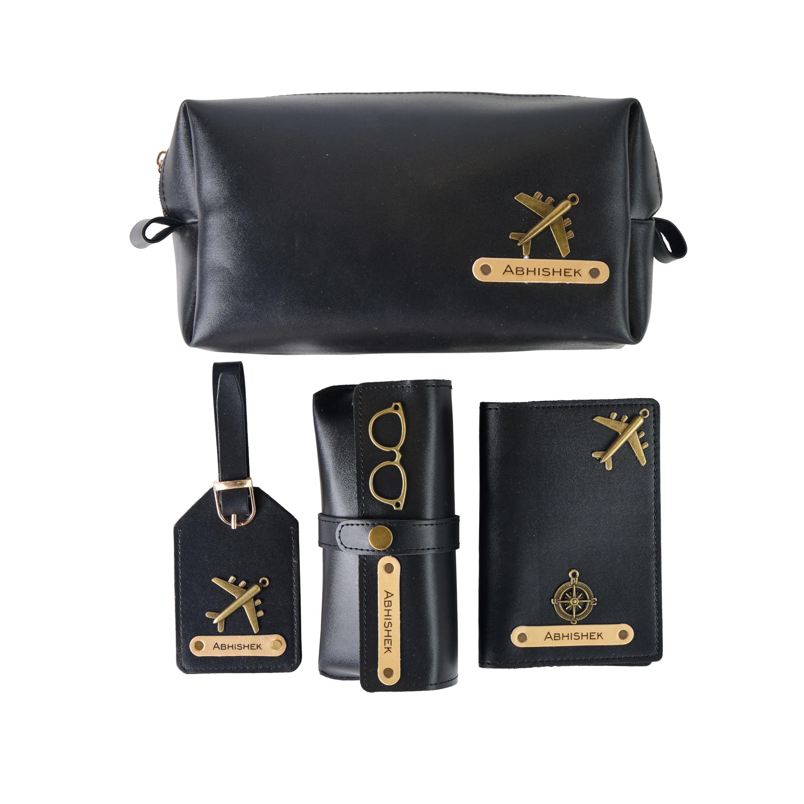 AICA Personalized Name & Charm Leather Travel 4pcs Gift Set Combo for Men & Women | Customized Travel Accessories Hamper | Gifts for Family and Friends | Gift for Girls & Boys (Black)