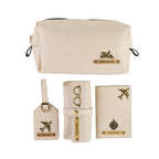AICA Personalized Name & Charm Leather Travel 4pcs Gift Set Combo for Men & Women | Customized Travel Accessories Hamper | Gifts for Family and Friends | Gift for Girls & Boys (Cream)