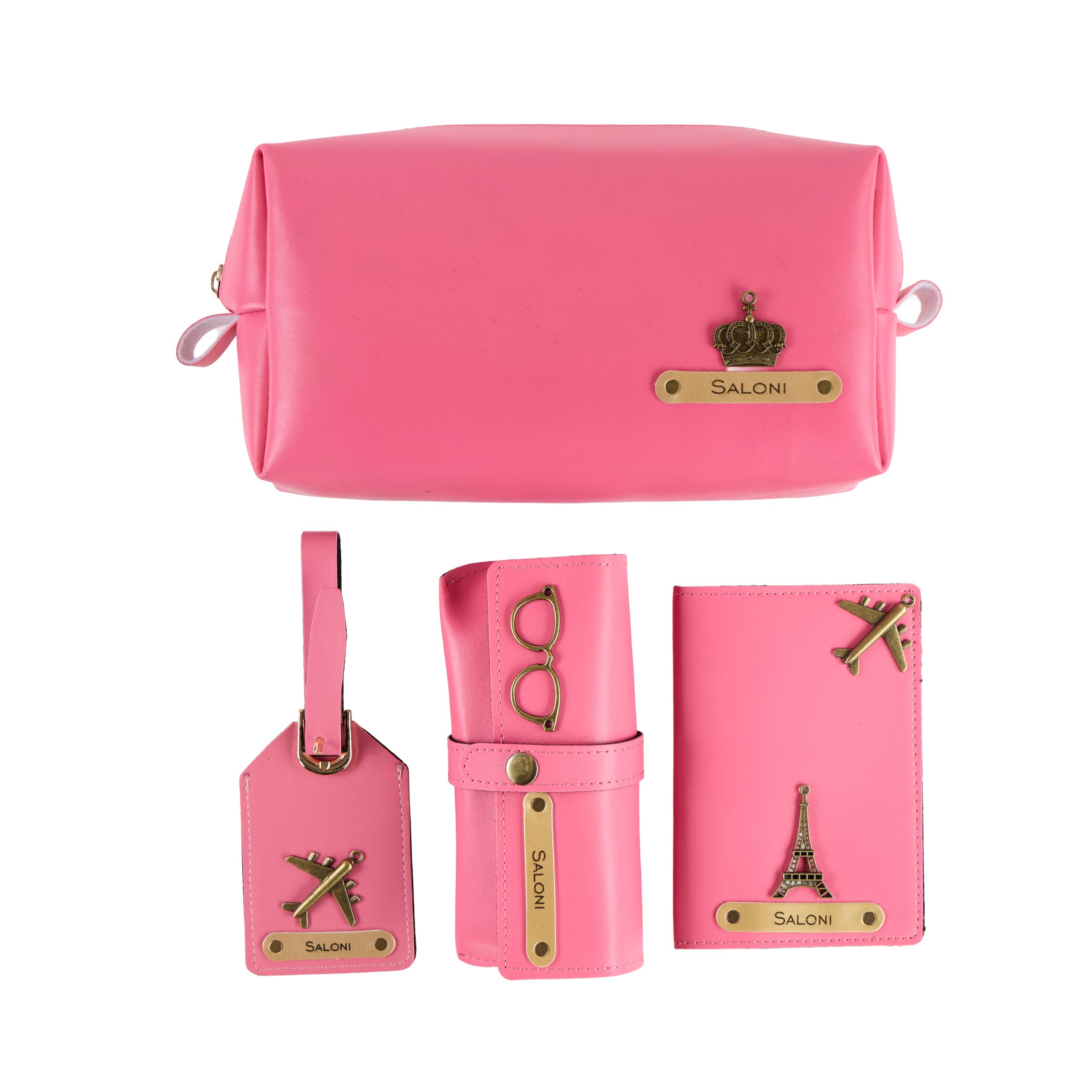 AICA Personalized Name & Charm Leather Travel 4pcs Gift Set Combo for Men & Women | Customized Travel Accessories Hamper | Gifts for Family and Friends | Gift for Girls & Boys (Darkpink)