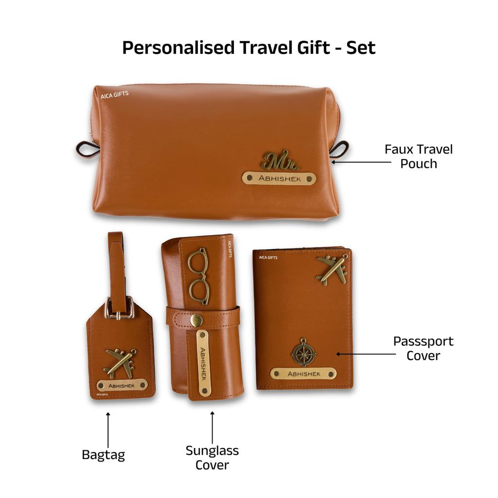 AICA Personalized Name & Charm Leather Travel 4pcs Gift Set Combo for Men & Women | Customized Travel Accessories Hamper | Gifts for Family and Friends | Gift for Girls & Boys (Tanbrown)