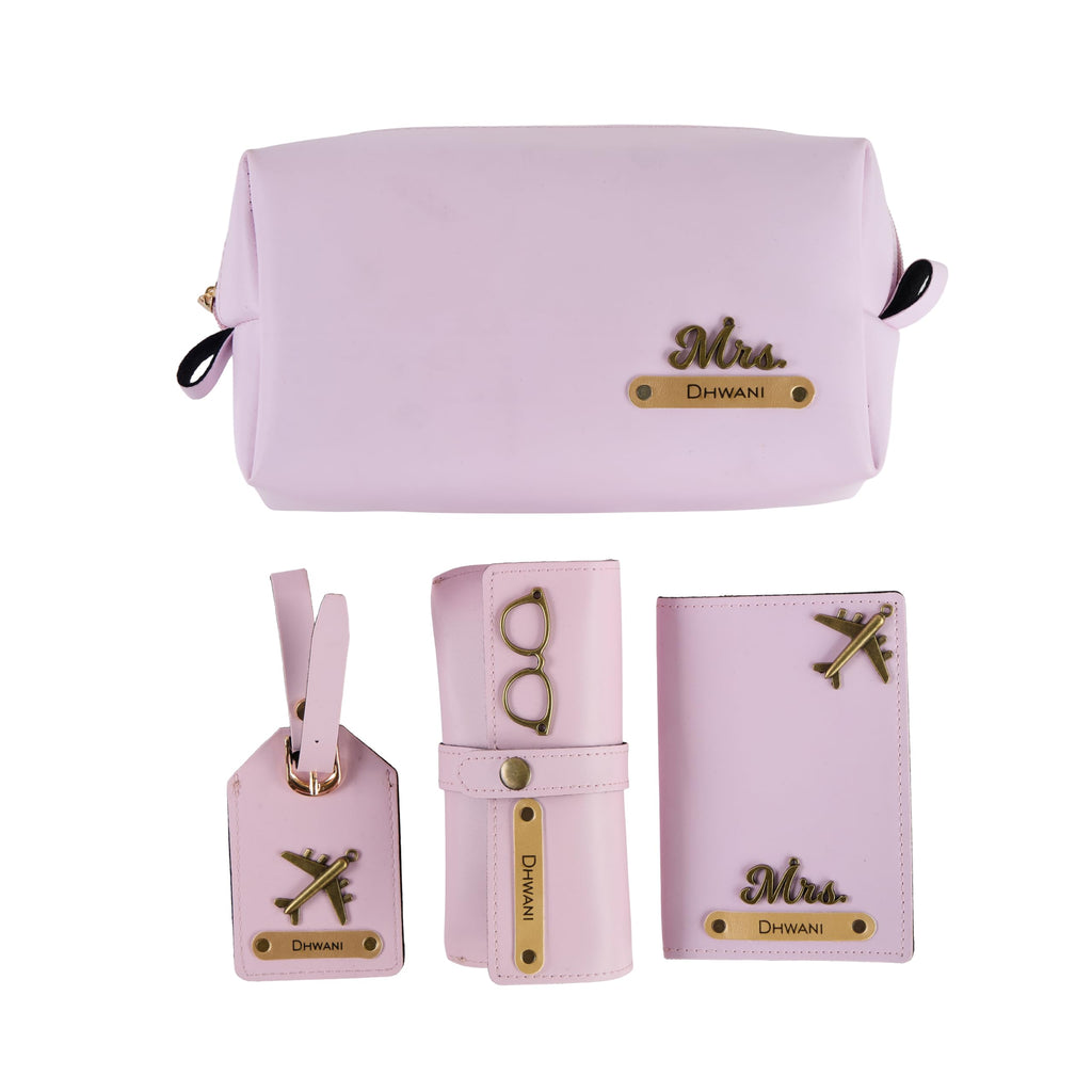 AICA Personalized Name & Charm Leather Travel 4pcs Gift Set Combo for Men & Women | Customized Travel Accessories Hamper | Gifts for Family and Friends | Gift for Girls & Boys (Purple)