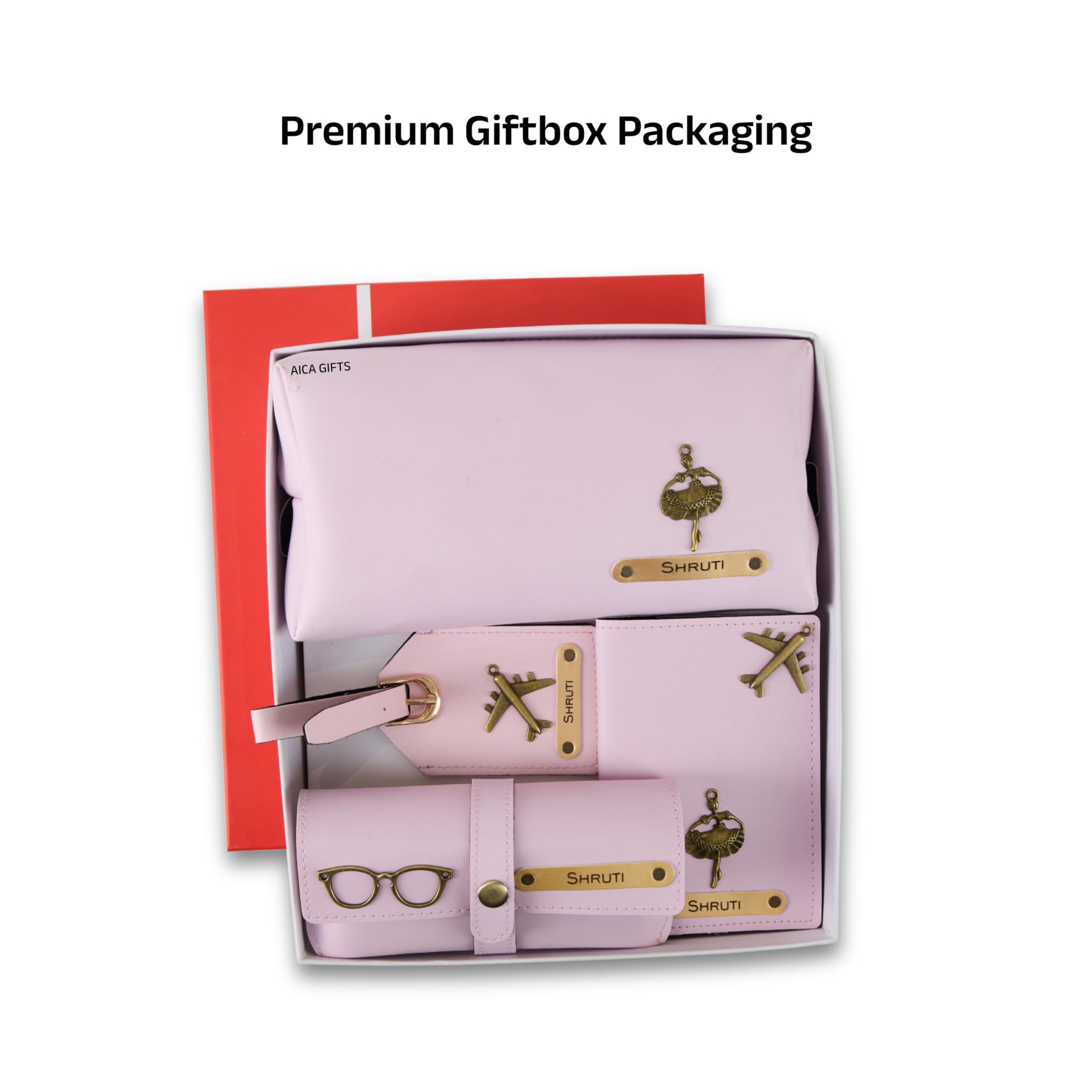 AICA Personalized Name & Charm Leather Travel 4pcs Gift Set Combo for Men & Women | Customized Travel Accessories Hamper | Gifts for Family and Friends | Gift for Girls & Boys (Purple)
