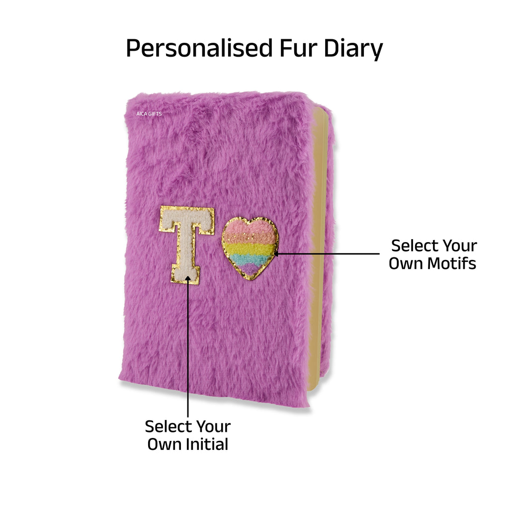 AICA Personalized Embroidery Patch Name Soft Fur Diary A5 Size 160 Pages (Purple) For Girls & Boys|Customized Cute Plush Personal Journal | Diary for Girls Aesthetic | Diary for Kids | Gifts for Girls