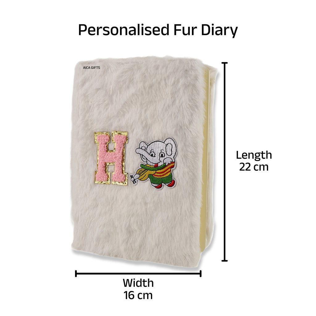 AICA Personalized Embroidery Patch Name Soft Fur Diary A5 Size 160 Pages (White) For Girls & Boys|Customized Cute Plush Personal Journal | Diary for Girls Aesthetic | Diary for Kids | Gifts for Girls