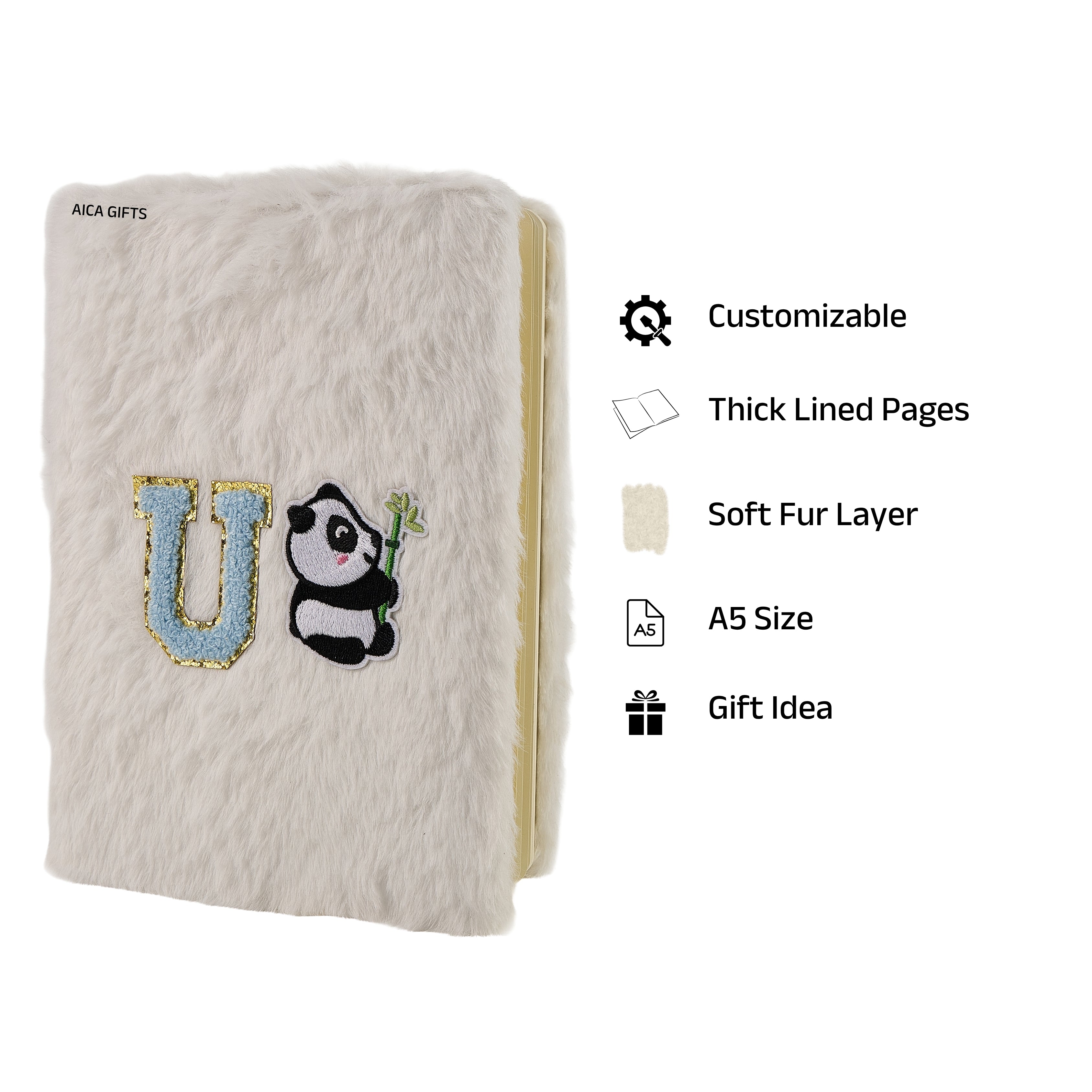 AICA Personalized Embroidery Patch Name Soft Fur Diary A5 Size 160 Pages (White) For Girls & Boys|Customized Cute Plush Personal Journal | Diary for Girls Aesthetic | Diary for Kids | Gifts for Girls