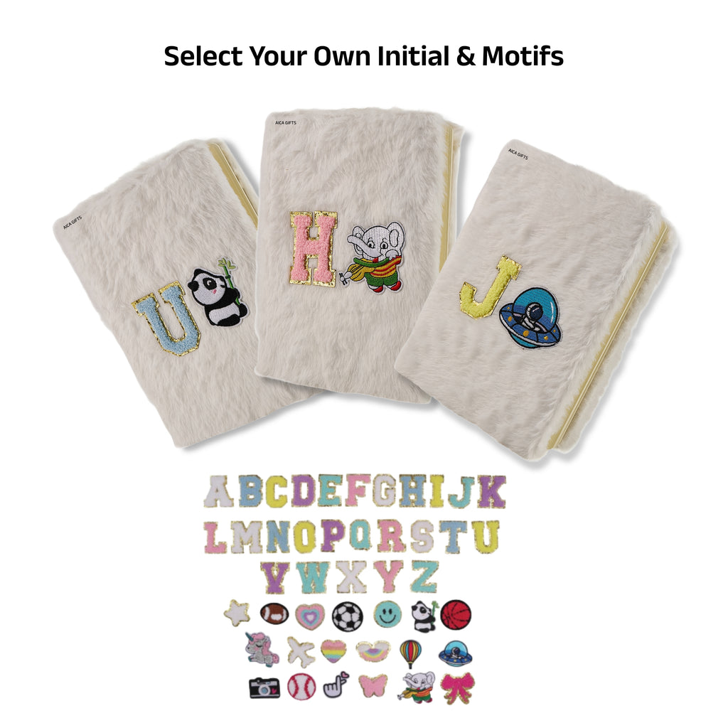 AICA Personalized Embroidery Patch Name Soft Fur Diary A5 Size 160 Pages (White) For Girls & Boys|Customized Cute Plush Personal Journal | Diary for Girls Aesthetic | Diary for Kids | Gifts for Girls