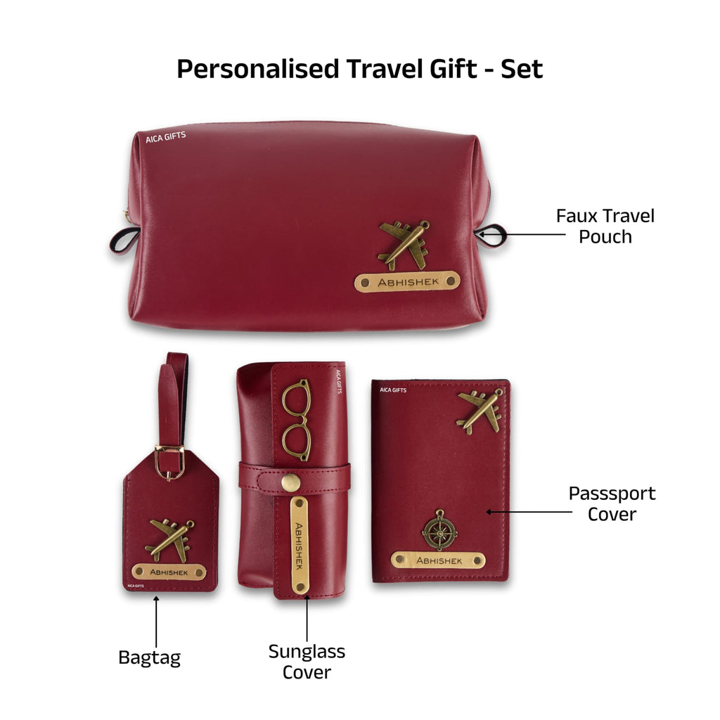 AICA Personalized Name & Charm Leather Travel 4pcs Gift Set Combo for Men & Women | Customized Travel Accessories Hamper | Gifts for Family and Friends | Gift for Girls & Boys (Wine)