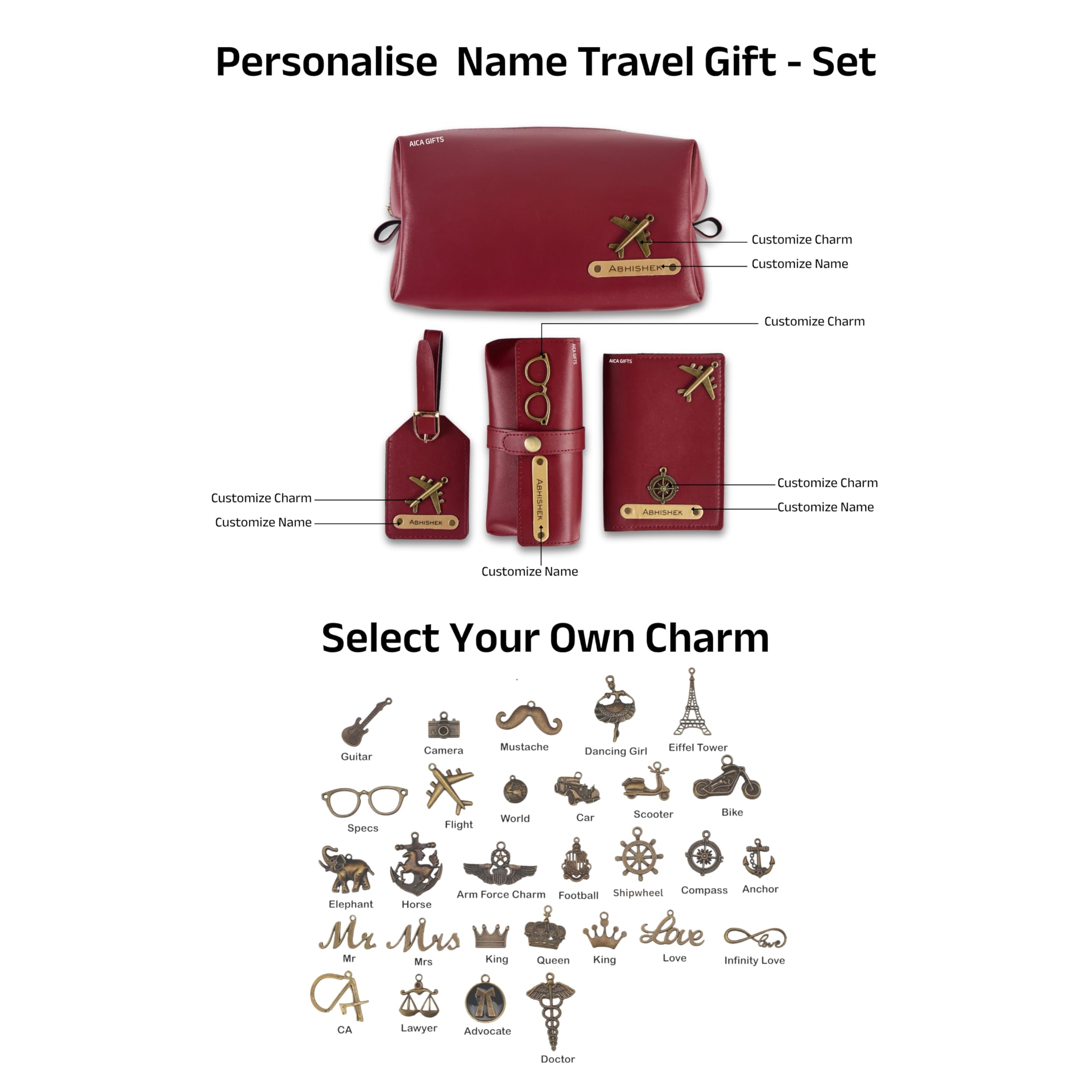 AICA Personalized Name & Charm Leather Travel 4pcs Gift Set Combo for Men & Women | Customized Travel Accessories Hamper | Gifts for Family and Friends | Gift for Girls & Boys (Wine)