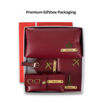 AICA Personalized Name & Charm Leather Travel 4pcs Gift Set Combo for Men & Women | Customized Travel Accessories Hamper | Gifts for Family and Friends | Gift for Girls & Boys (Wine)