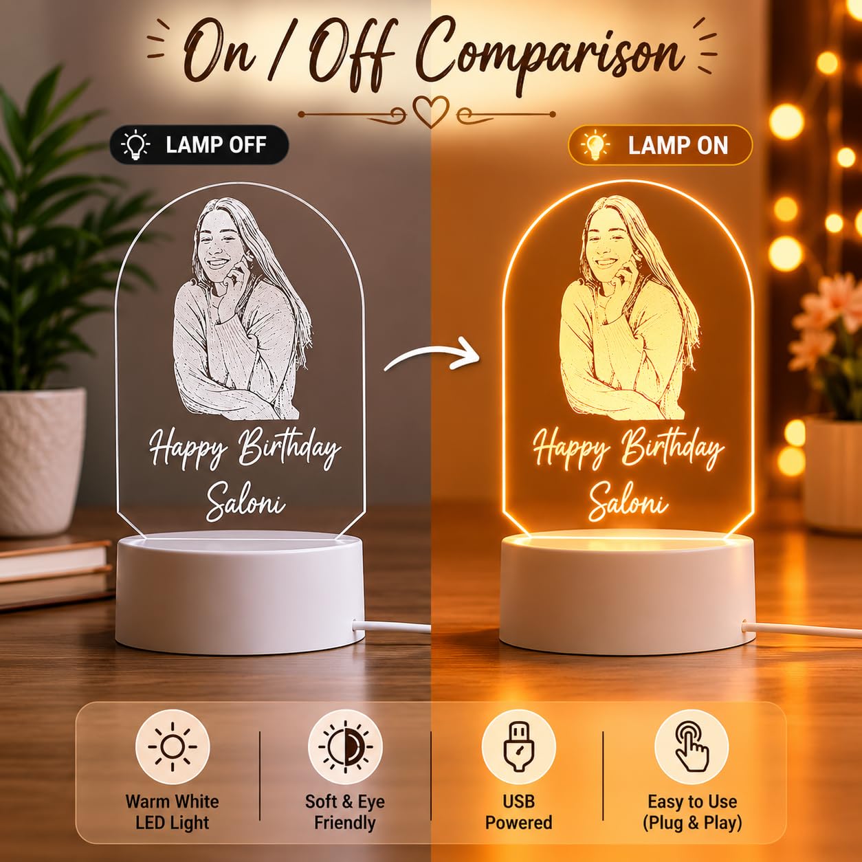 AICA Happy Birthday – Personalised Photo LED Lamp with Customised Message | Birthday Gifts for Women Wife Girlfriend Girl Mom Friend |Birthday Gift