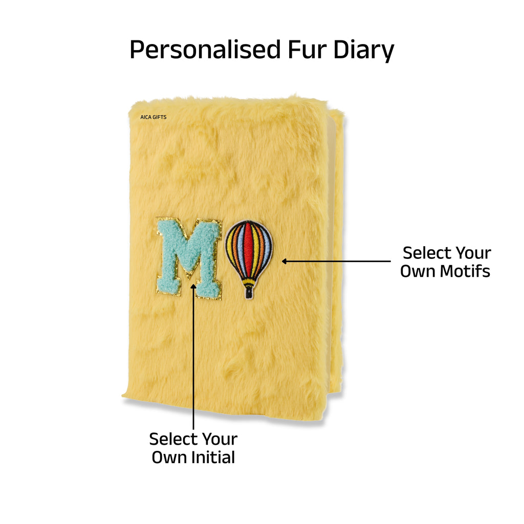 AICA Personalized Embroidery Patch Name Soft Fur Diary A5 Size 160 Pages (Yellow) For Girls & Boys|Customized Cute Plush Personal Journal | Diary for Girls Aesthetic | Diary for Kids | Gifts for Girls