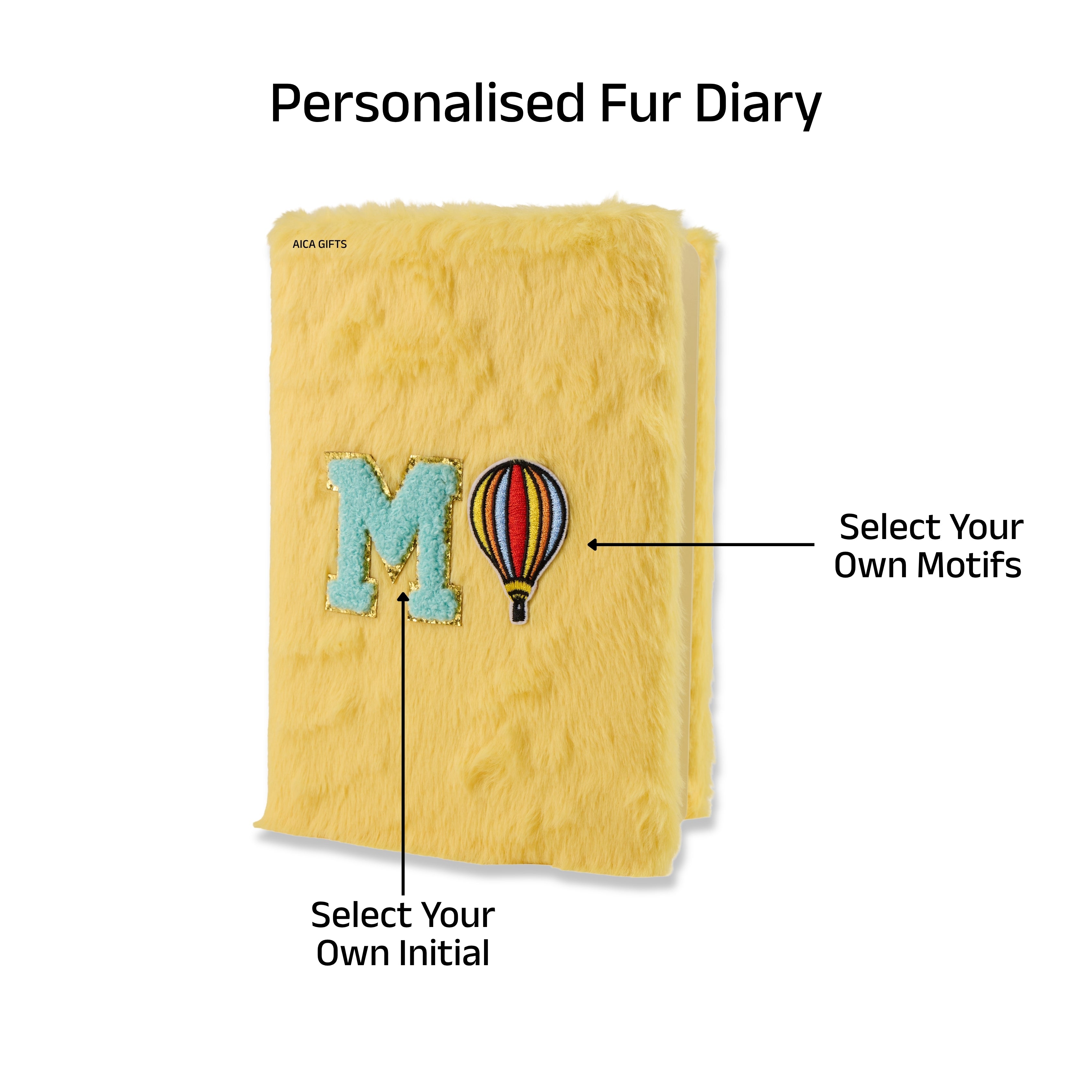 AICA Personalized Embroidery Patch Name Soft Fur Diary A5 Size 160 Pages (Yellow) For Girls & Boys|Customized Cute Plush Personal Journal | Diary for Girls Aesthetic | Diary for Kids | Gifts for Girls