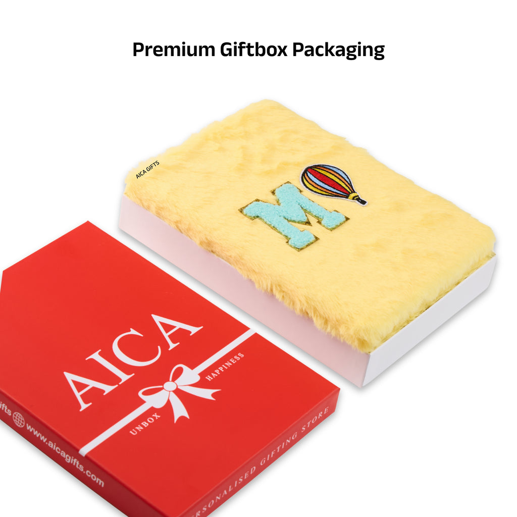 AICA Personalized Embroidery Patch Name Soft Fur Diary A5 Size 160 Pages (Yellow) For Girls & Boys|Customized Cute Plush Personal Journal | Diary for Girls Aesthetic | Diary for Kids | Gifts for Girls