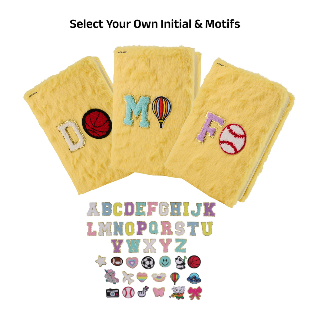 AICA Personalized Embroidery Patch Name Soft Fur Diary A5 Size 160 Pages (Yellow) For Girls & Boys|Customized Cute Plush Personal Journal | Diary for Girls Aesthetic | Diary for Kids | Gifts for Girls
